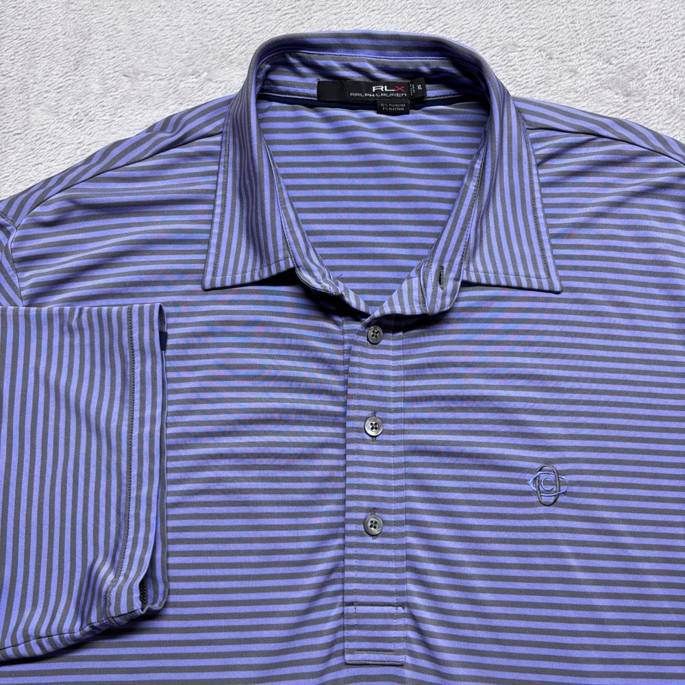 RLX Ralph Lauren Mens XL Purple Gray Striped Performance Polo Golf‎ Shirt SS